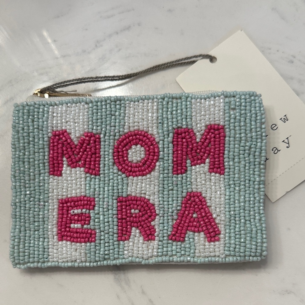 Beaded MOM ERA Pouch - Pink Letters on Light Blue & White NWT